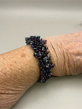 Handmade Boho Beaded Bracelet Midnight Purple Blue Hematite Crystal Cluster